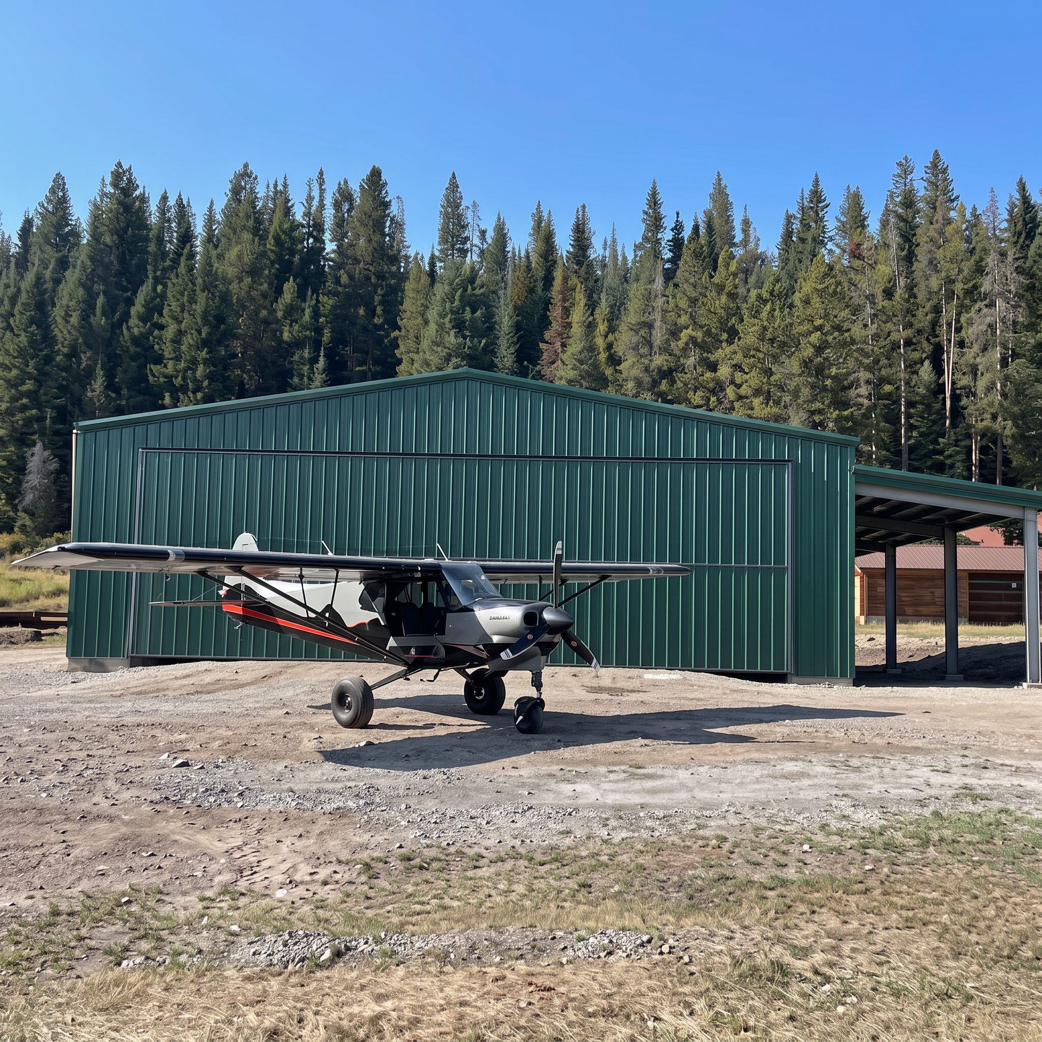 Completed green metal building with an open lean-to bay